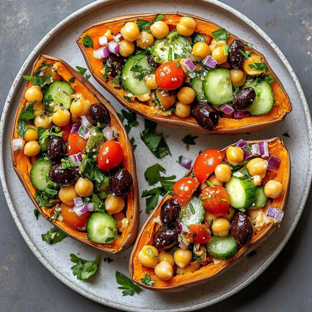 Mediterranean stuffed sweet potatoes topped with herbs and feta cheese, served on a plate.