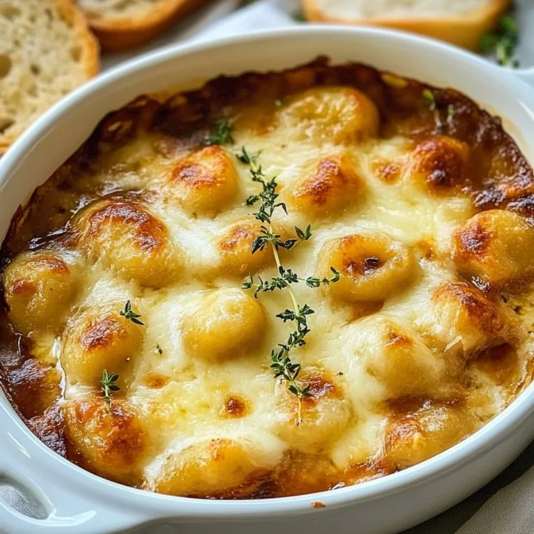 Delicious baked gnocchi topped with French onion and melted cheese