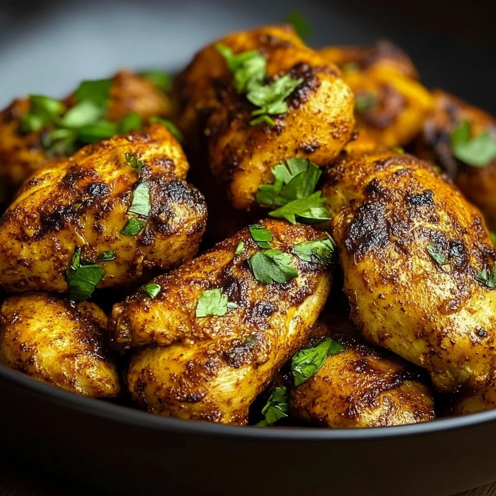Plate of North African spiced chicken garnished with herbs and spices.