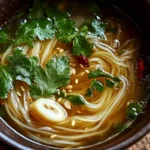 Bowl of ginger garlic broth with noodles, garnished with herbs