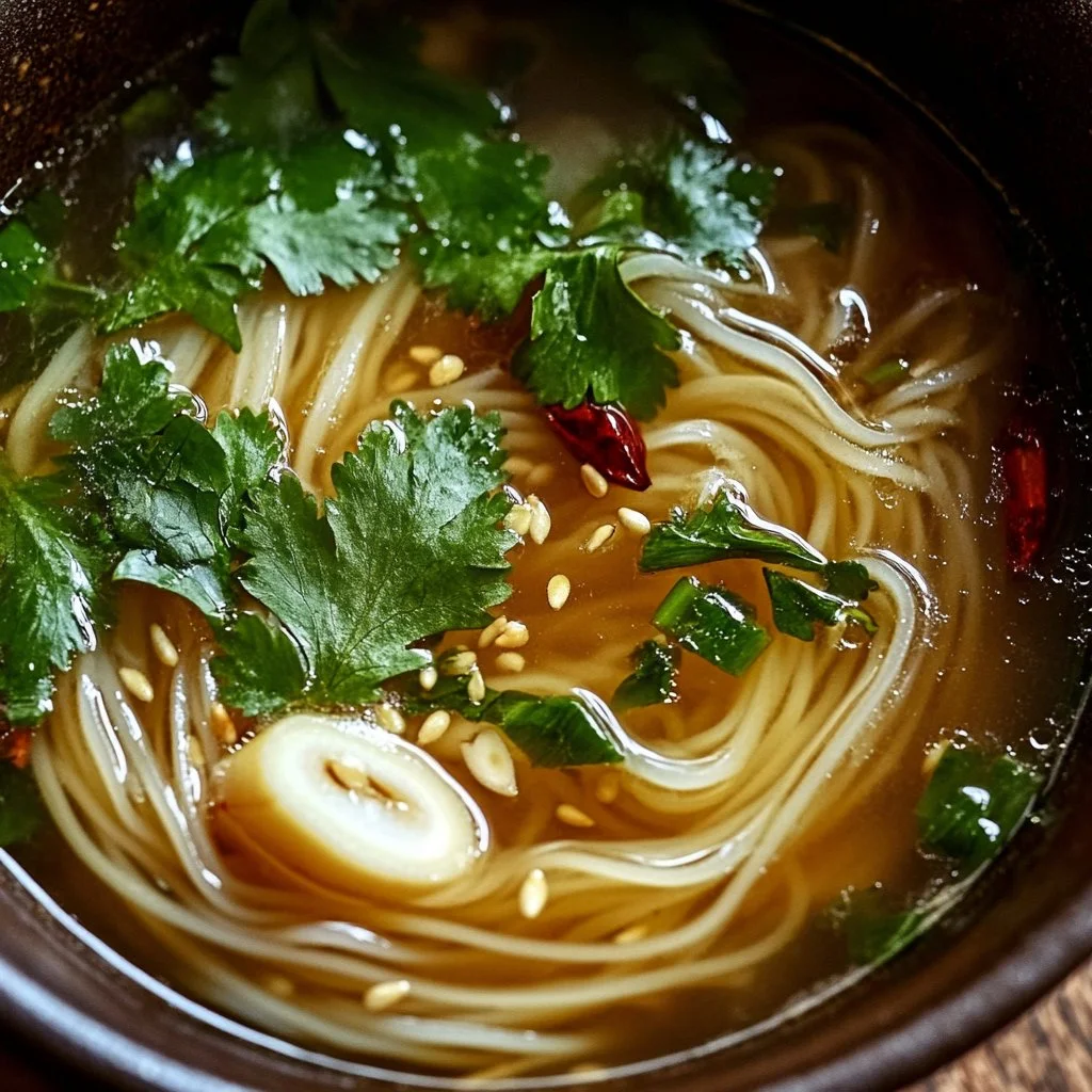 Bowl of ginger garlic broth with noodles, garnished with herbs