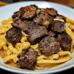 Delicious one-pan Cowboy Butter Tortellini with steak bites meal.