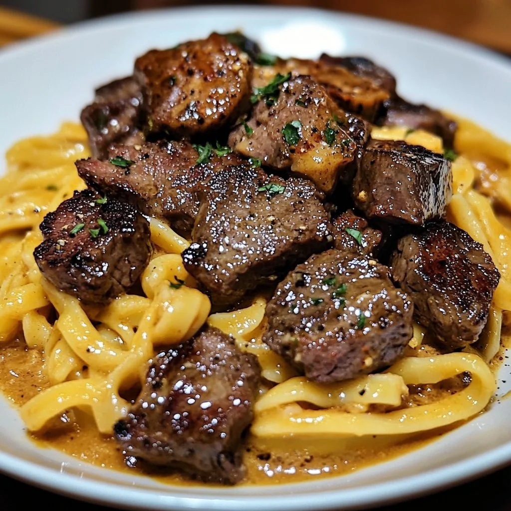 Delicious one-pan Cowboy Butter Tortellini with steak bites meal.