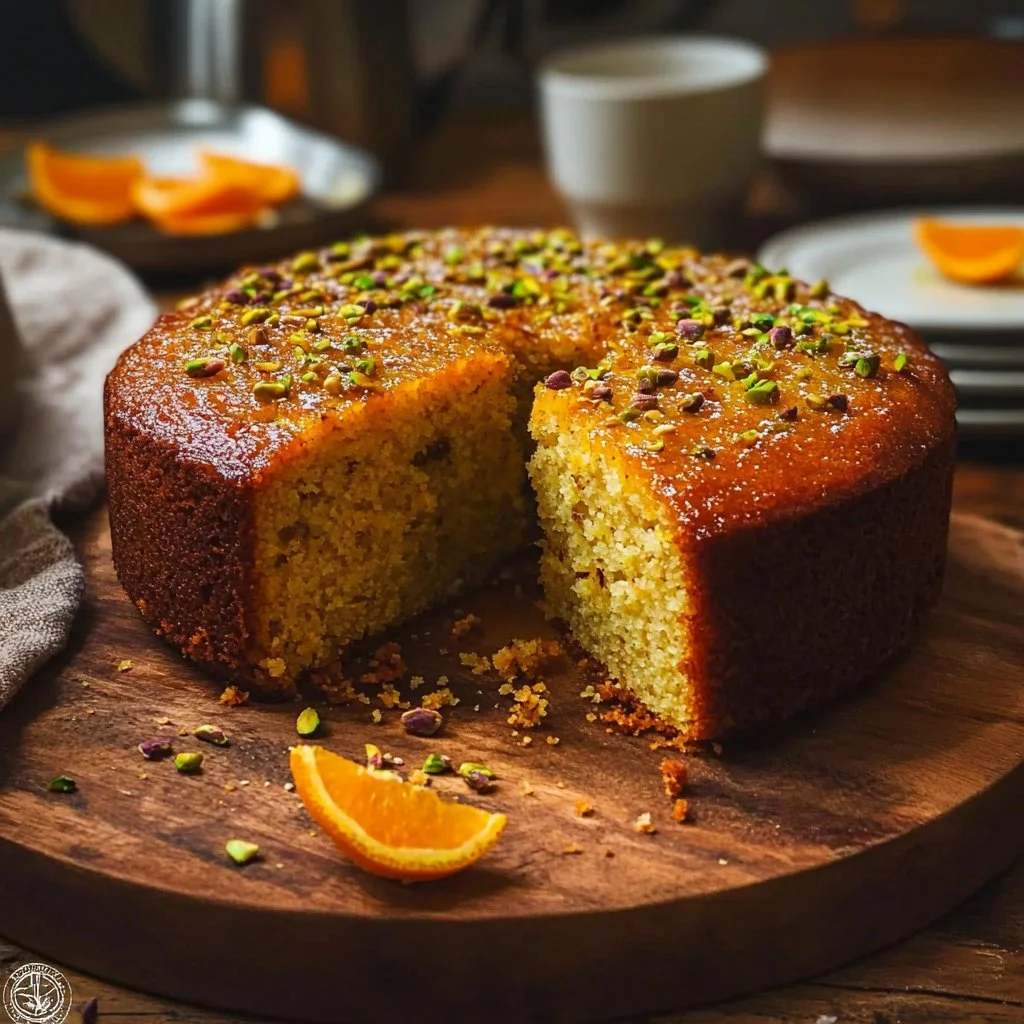 Orange Cardamom Pistachio Tea Cake garnished with nuts on a plate.