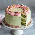 Slice of Pistachio, Rose & Cardamom Cake on a plate