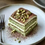 Delicious pistachio tiramisu dessert topped with crushed pistachios.
