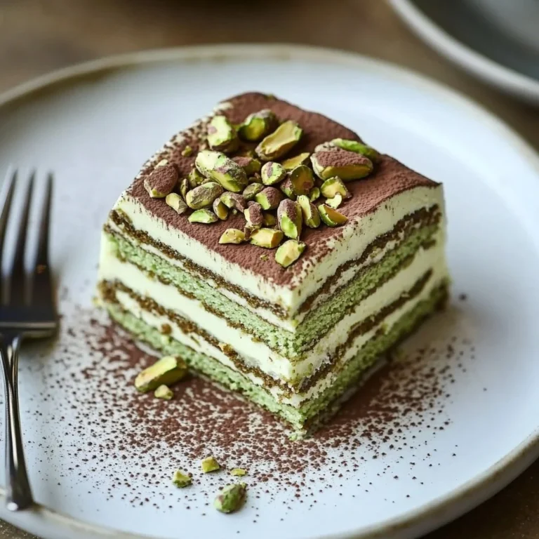 Delicious pistachio tiramisu dessert topped with crushed pistachios.
