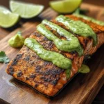 Quick baked Cajun salmon with avocado lime sauce on a plate
