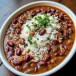 Plate of red beans and rice served with a side of cornbread