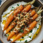 Plate of roasted carrots with whipped ricotta and hot honey drizzle.