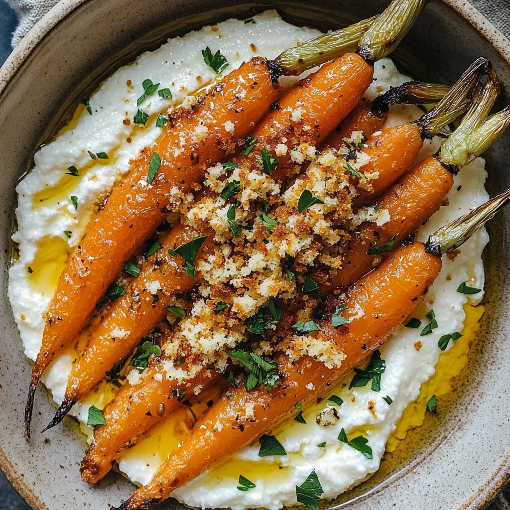 Plate of roasted carrots with whipped ricotta and hot honey drizzle.