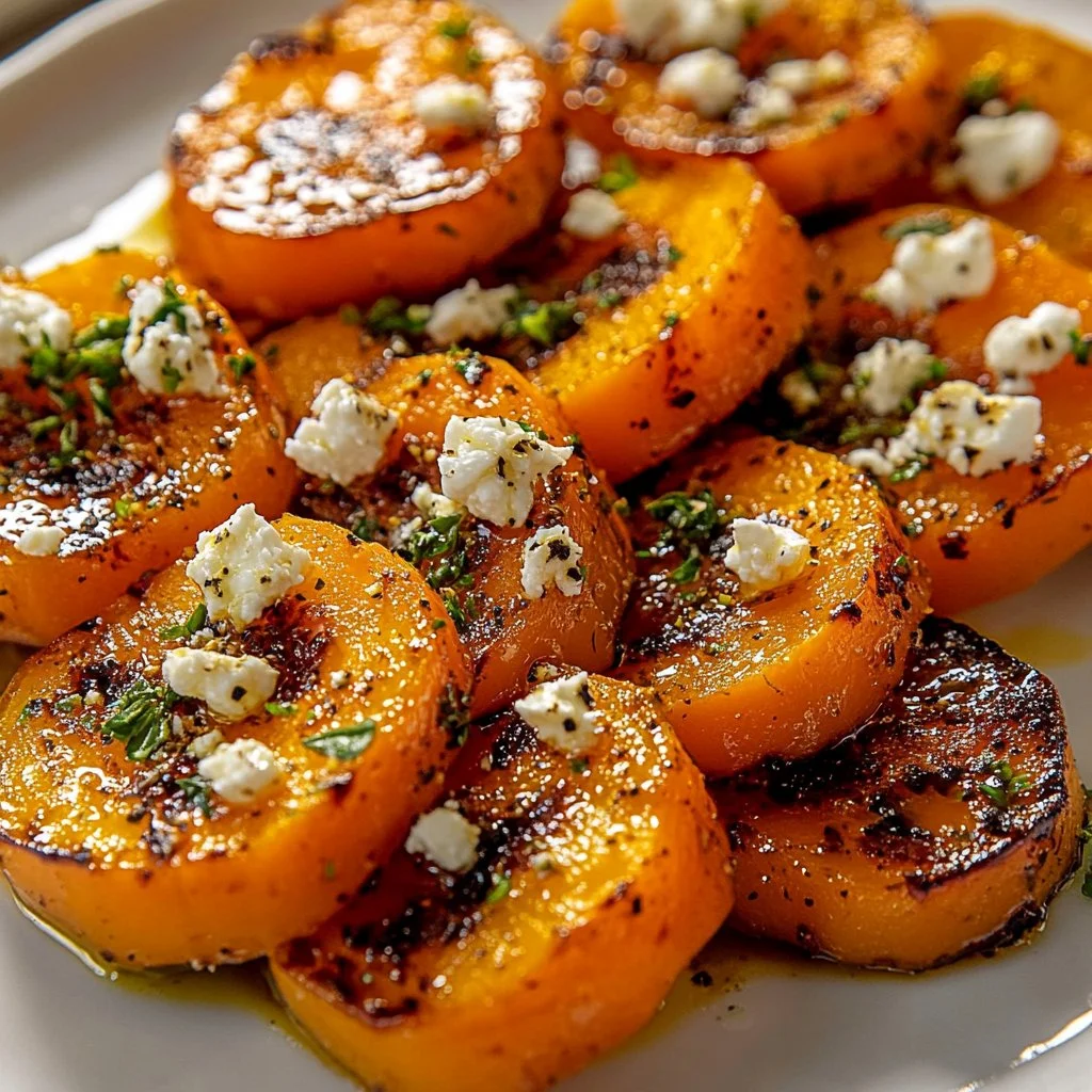 Roasted sweet potato rounds drizzled with honey and sprinkled with feta cheese