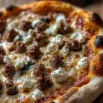 Sausage Feta Honey Pizza topped with fresh herbs and drizzled with honey.