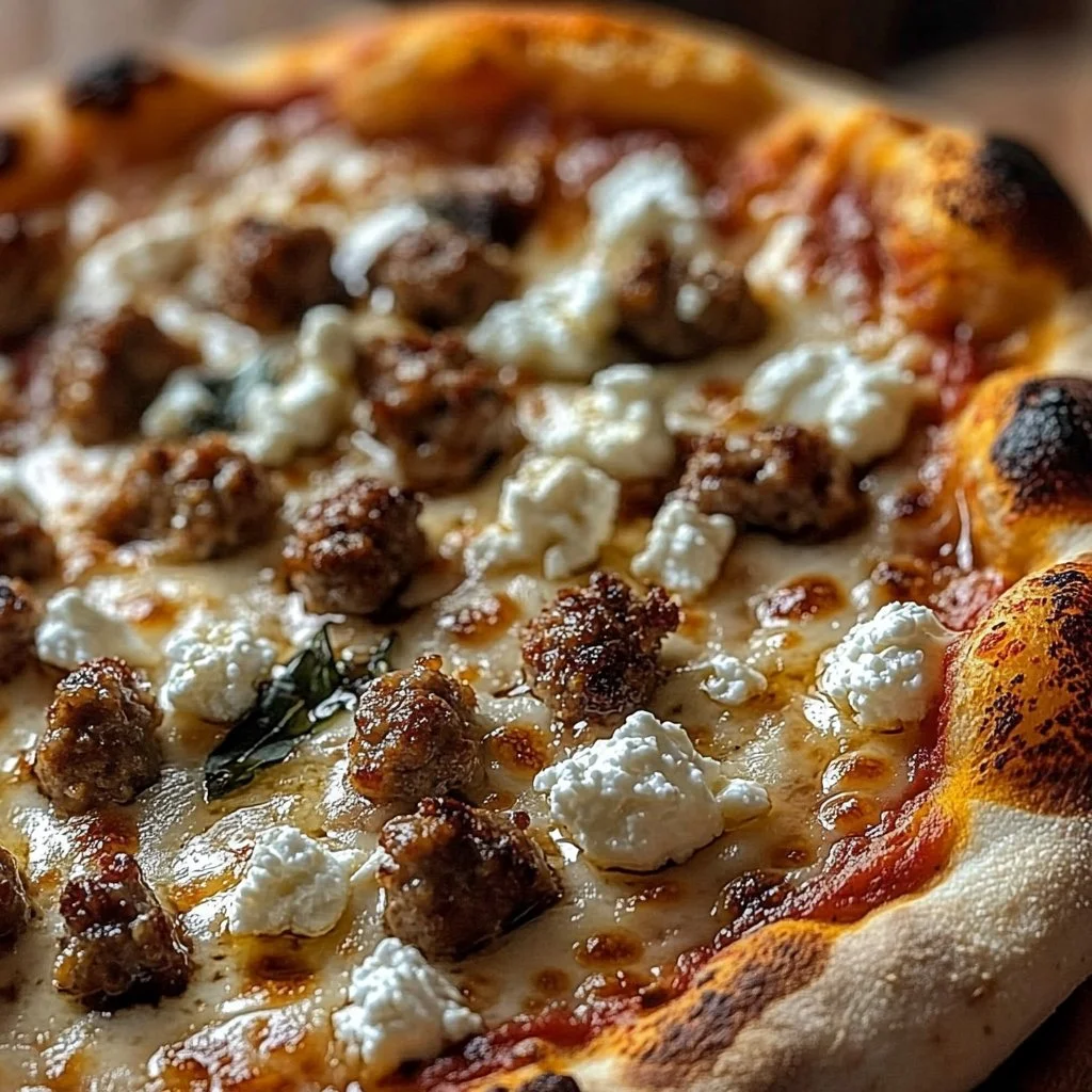 Sausage Feta Honey Pizza topped with fresh herbs and drizzled with honey.