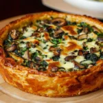 Savory mushroom spinach pie with a golden crust and filling of mushrooms and spinach