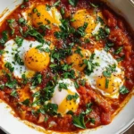 A bowl of shakshuka featuring poached eggs in a spicy tomato sauce with herbs.