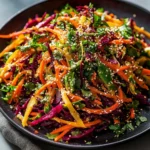 Shaved Rainbow Carrot Sesame Salad with colorful carrots and sesame dressing