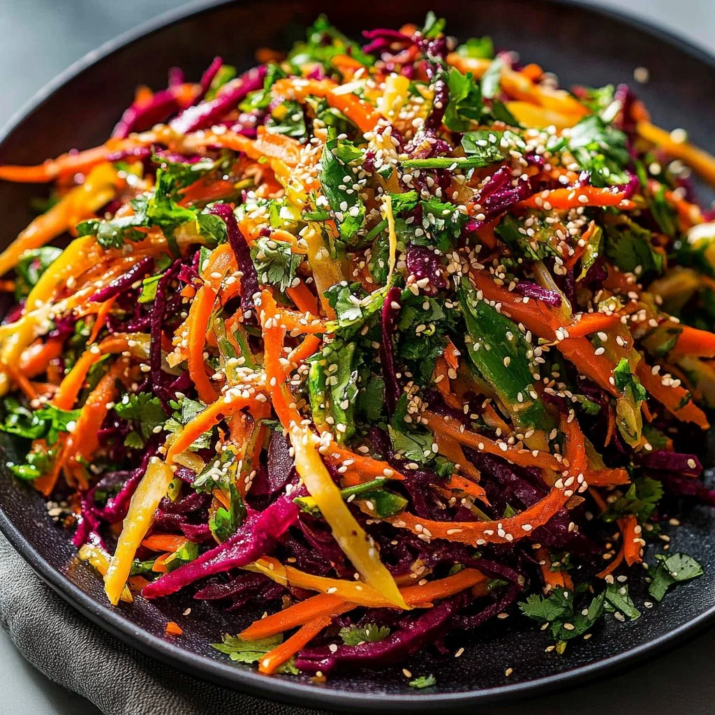 Shaved Rainbow Carrot Sesame Salad with colorful carrots and sesame dressing