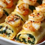 Shrimp and Spinach Stuffed Pasta Rolls garnished with herbs on a plate.