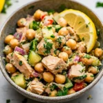 Simple Tuna Garbanzo Bean Salad with fresh ingredients in a bowl