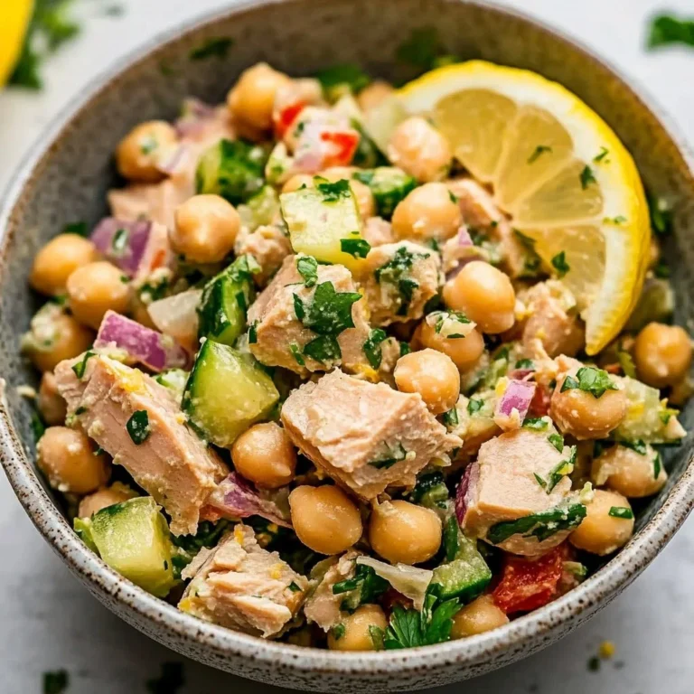 Simple Tuna Garbanzo Bean Salad with fresh ingredients in a bowl
