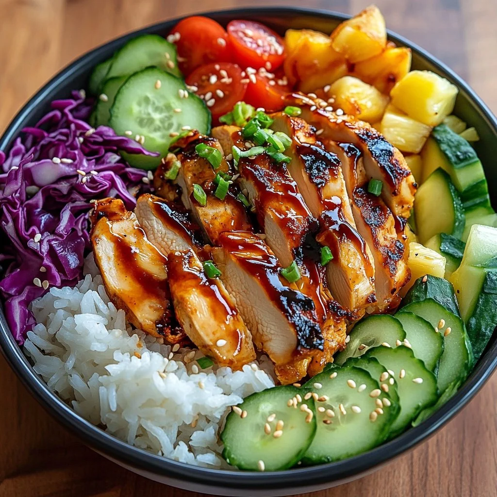 Plate of Spicy Maple Chicken with coconut rice, garnished with herbs.