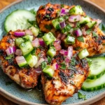 Spicy Mediterranean chicken served with creamy cucumber salad on a plate