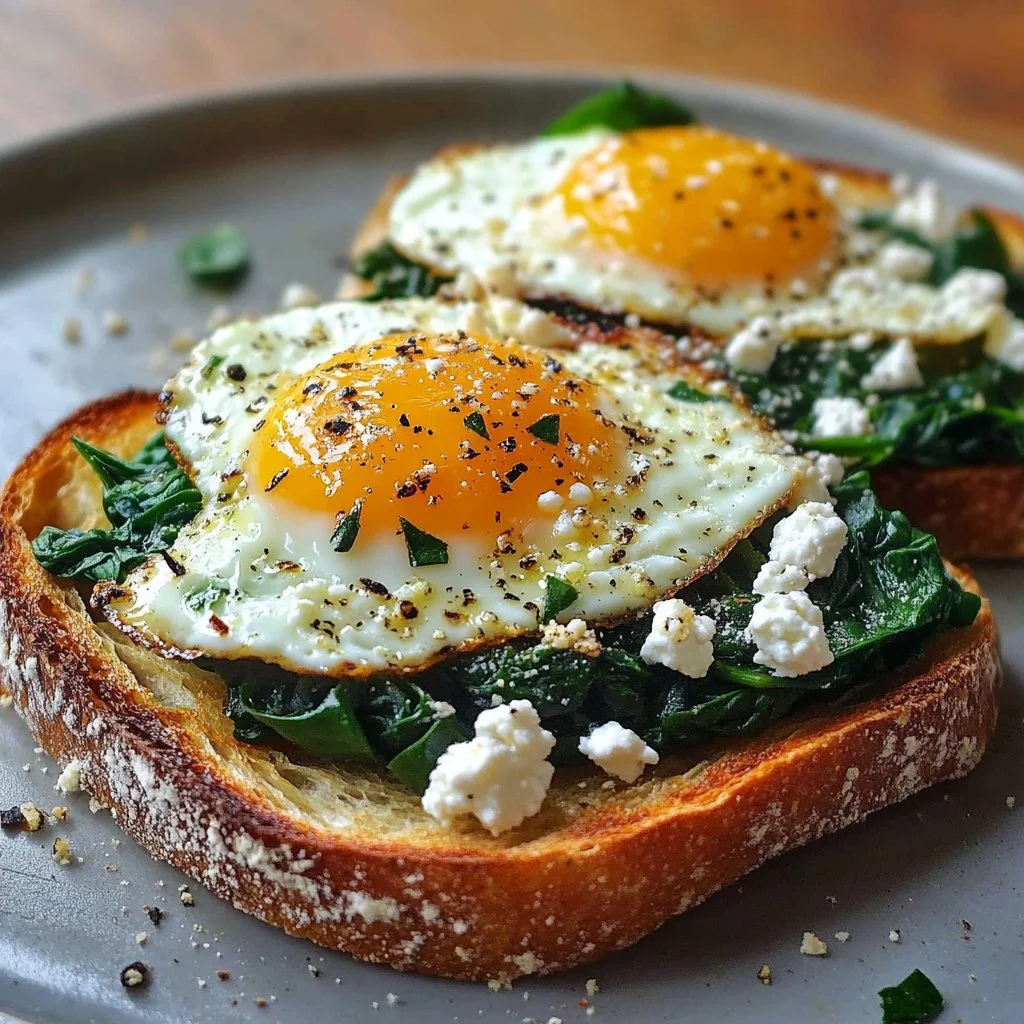 Delicious Spinach Feta Egg Toast topped with fresh spinach and crumbled feta cheese.