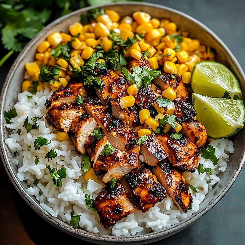 Delicious Street Corn Chicken Rice Bowl topped with fresh ingredients and spices
