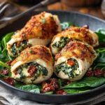 Sundried tomato, spinach, and cheese stuffed chicken on a plate