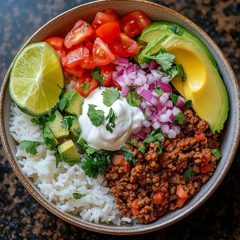Colorful Taco Rice Bowl with seasoned meat, fresh veggies, and rice