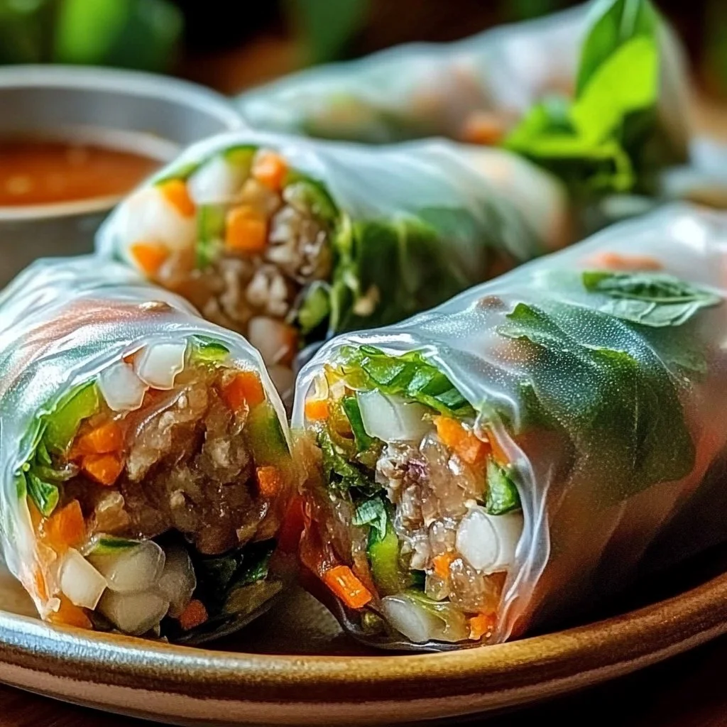 Plate of Thai Basil Beef Rolls garnished with fresh herbs