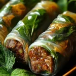Delicious Thai Basil Beef Rolls served with fresh herbs and dipping sauce.