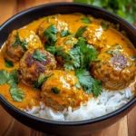 Thai chicken meatballs simmering in a creamy coconut curry sauce