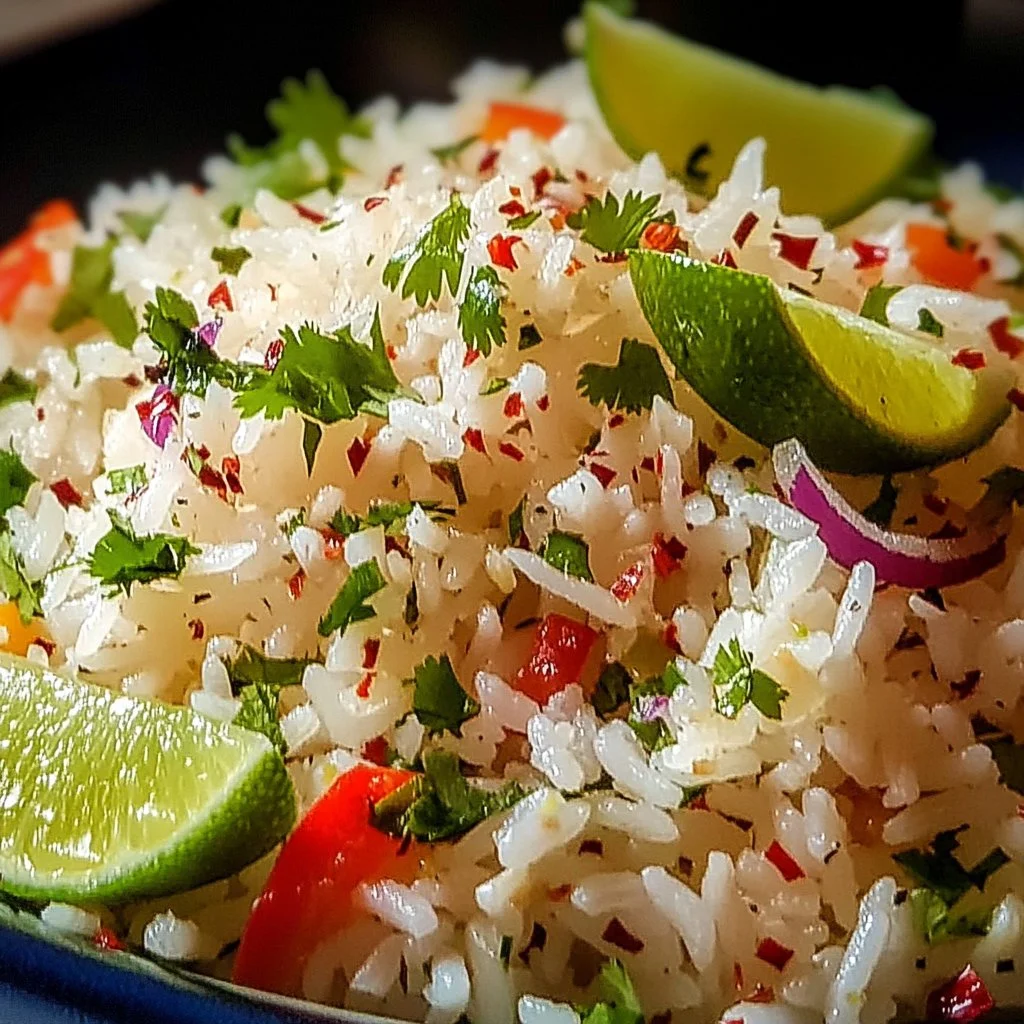 Plate of tropical coconut pepper rice with vibrant vegetables and spices