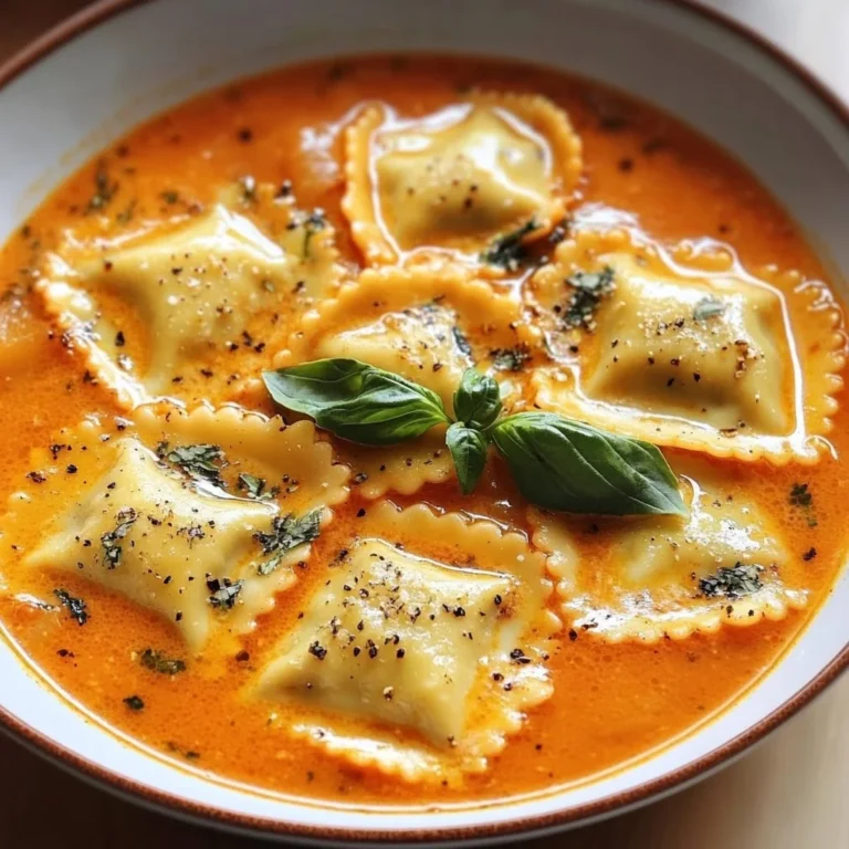 Delicious bowl of Tuscan Ravioli Soup with fresh herbs and tender pasta.
