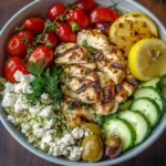 Mediterranean lemon-dill chicken bowls ready for meal prep with vibrant vegetables